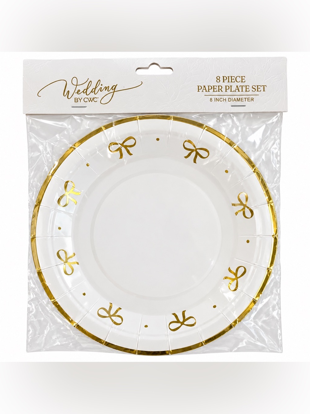 Wedding by CWC White Gold Bow Paper Plates 8” Bridal Shower Party 8 Count